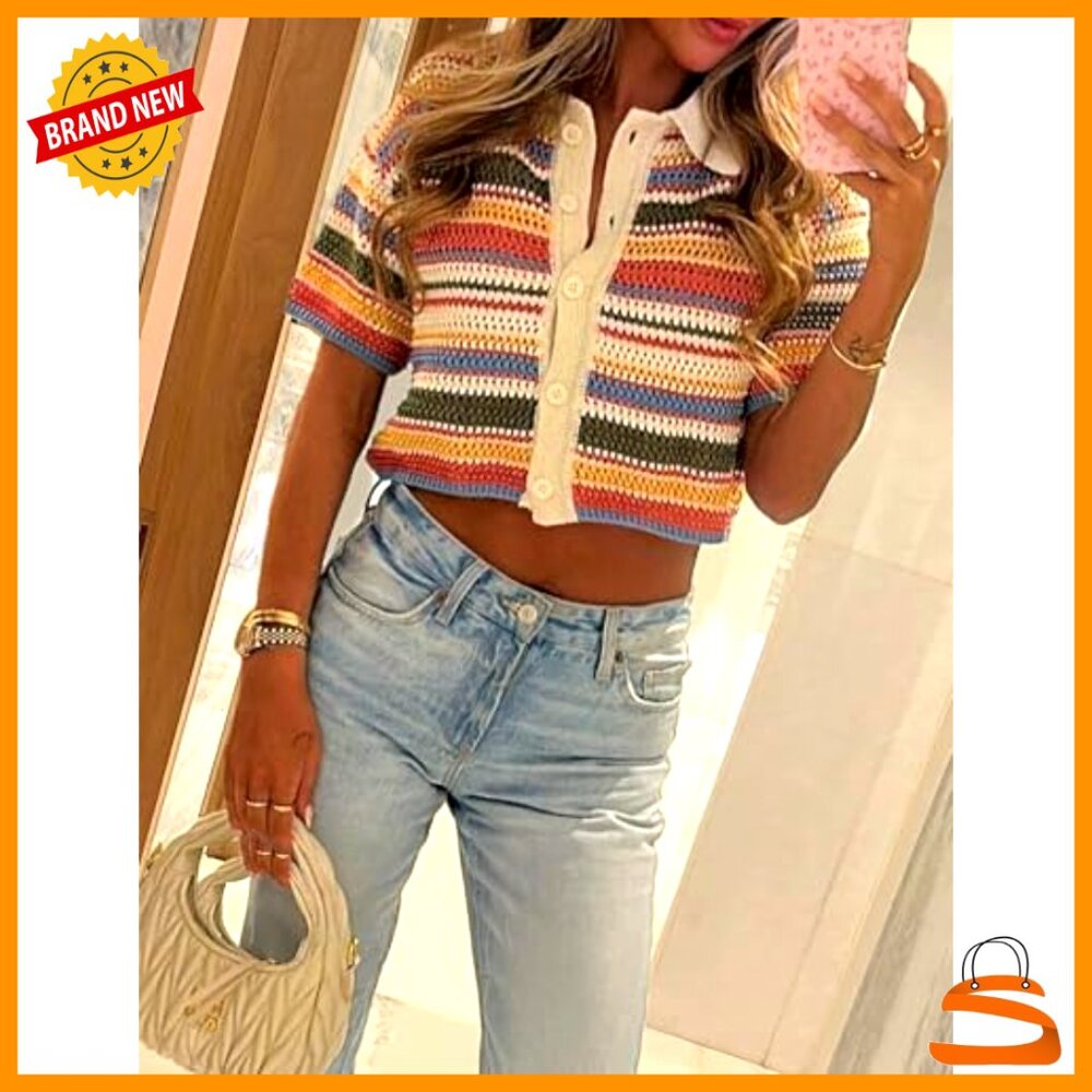 Cropped Polo Sweater Striped Button-Up Knit Top Short Sleeve - Picture 3 of 7